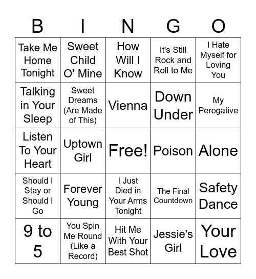 80's Bingo Card
