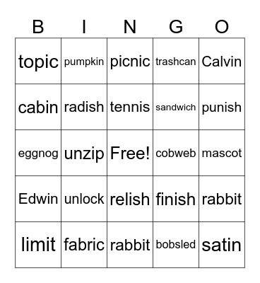 2 Syllable Closed Bingo Card