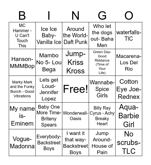 90's Music Bingo Card