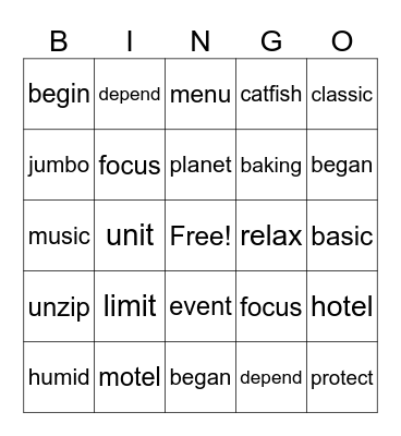 2 syllable open & closed Bingo Card