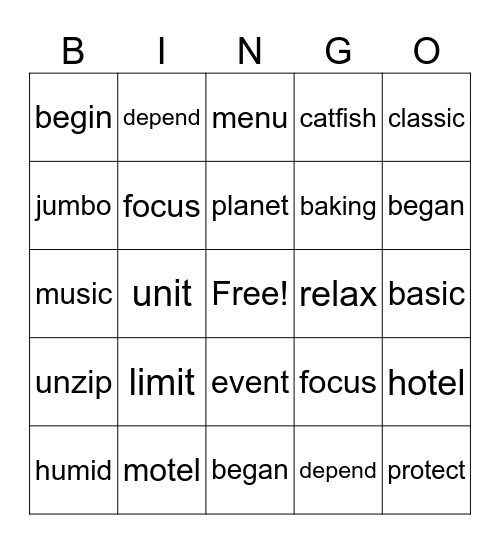 2 syllable open & closed Bingo Card