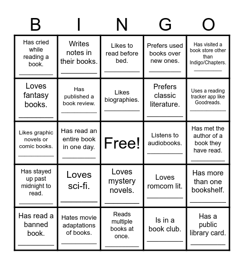 Bookish Bingo Card