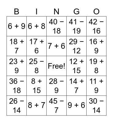 Valentine Math Bingp Bingo Card