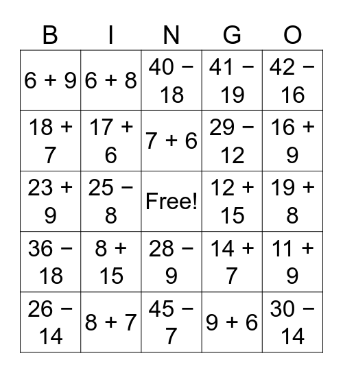 Valentine Math Bingp Bingo Card