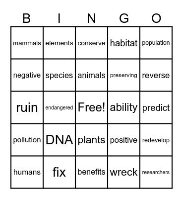 Extinct and Endangered Animals Bingo Card