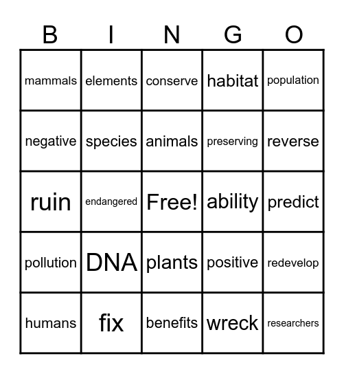 Extinct and Endangered Animals Bingo Card