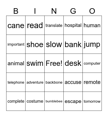 Syllable Bingo Card