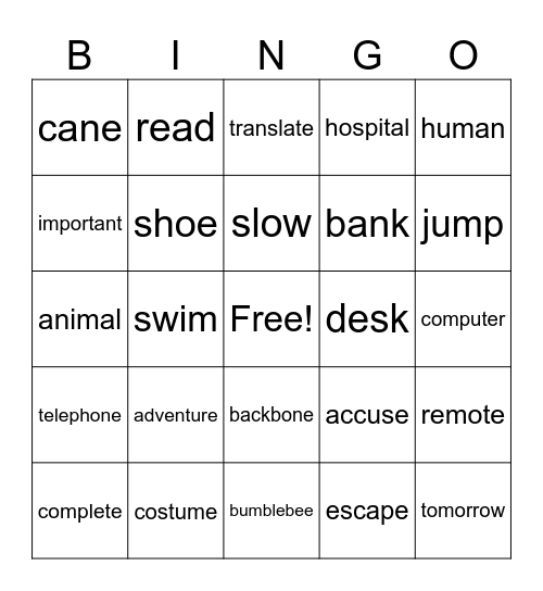 Syllable Bingo Card