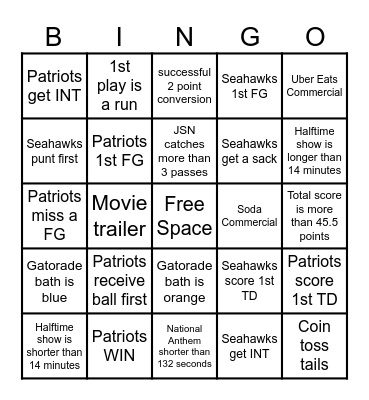 Superbowl Bingo Card