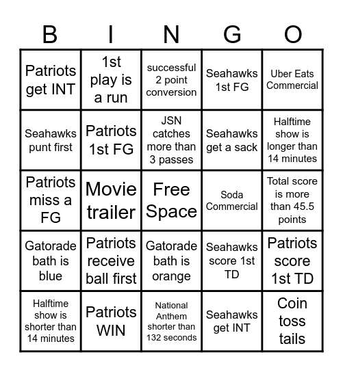Superbowl Bingo Card