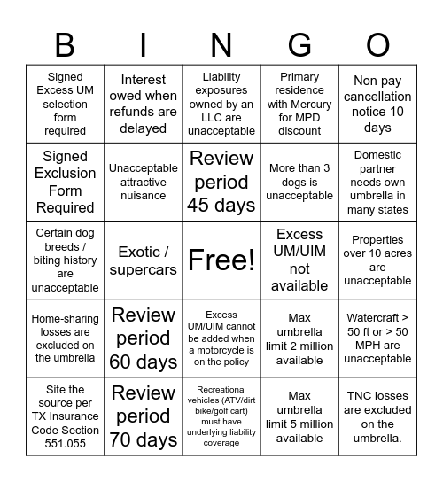 Umbrella Bingo Card