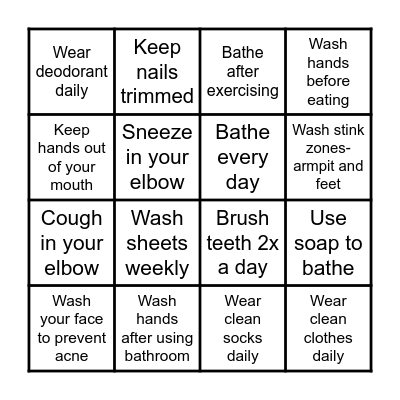 Good Hygiene Bingo Card