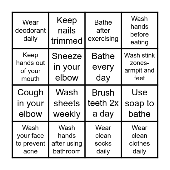 Good Hygiene Bingo Card