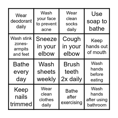 Good Hygiene Bingo Card