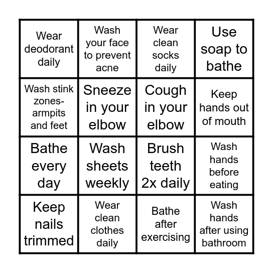Good Hygiene Bingo Card