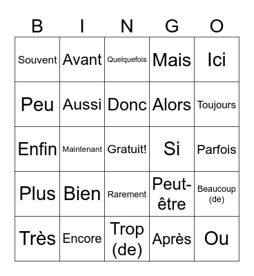 Common French Words Bingo Card