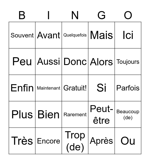 Common French Words Bingo Card