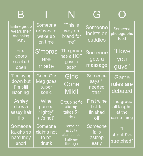Girls Gone Mild Bingo Card