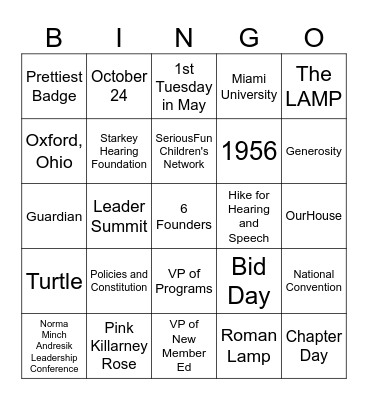 Delta Zeta Bingo Card
