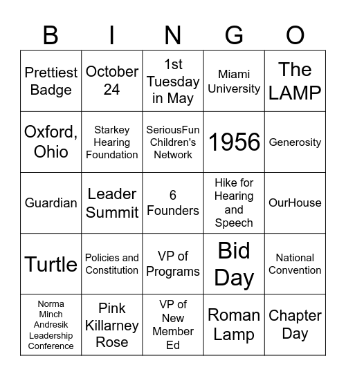 Delta Zeta Bingo Card