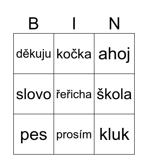 czech words Bingo Card