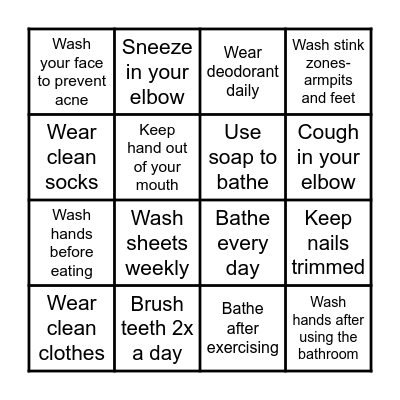Good Hygiene Bingo Card