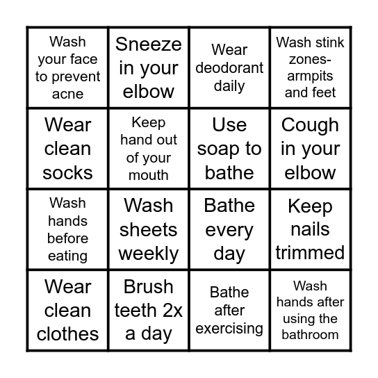 Good Hygiene Bingo Card