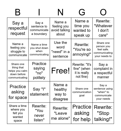 Healthy Communication Bingo Card