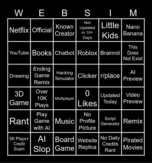 WEBSIM HOTPAGE Bingo Card