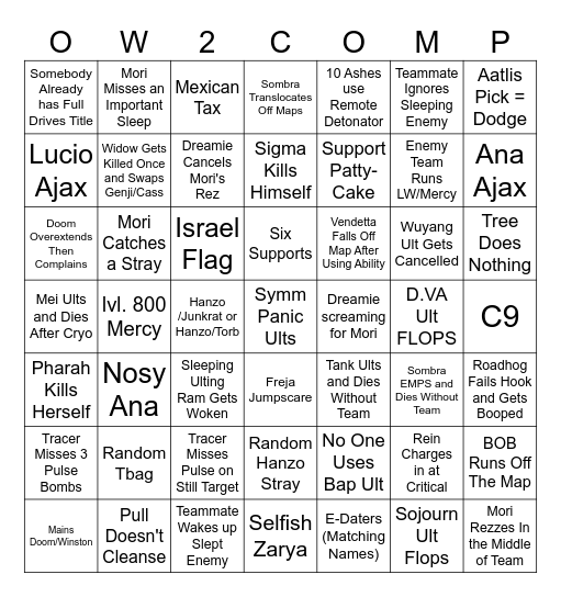Overwatch Drives Bingo Card