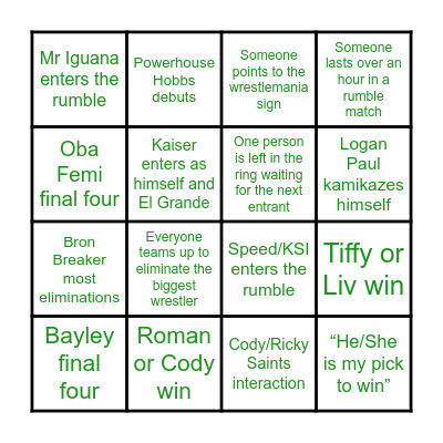 Royal Rumble 26 Bingo Card