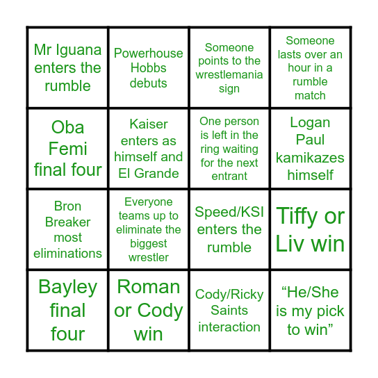 Royal Rumble 26 Bingo Card