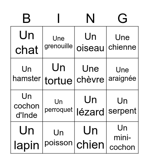 Les Animaux Domestiques Bingo Card