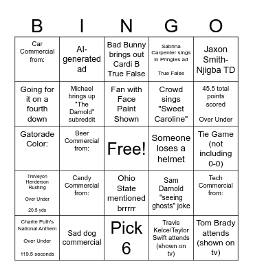 Superbowl LX Hitchcrafters Bingo Card