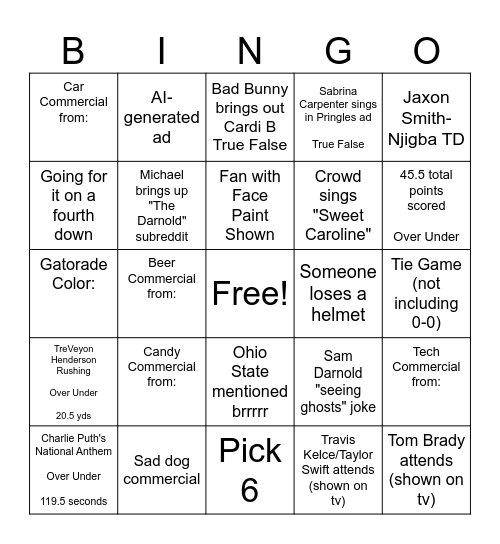 Superbowl LX Hitchcrafters Bingo Card