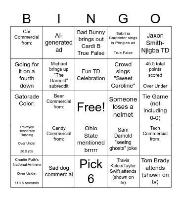 Superbowl LX Hitchcrafters Bingo Card
