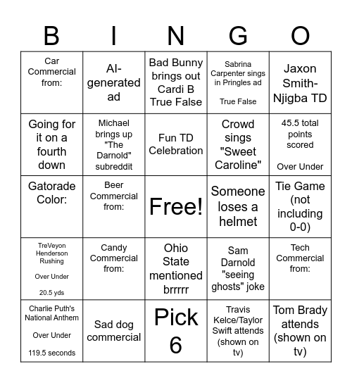 Superbowl LX Hitchcrafters Bingo Card