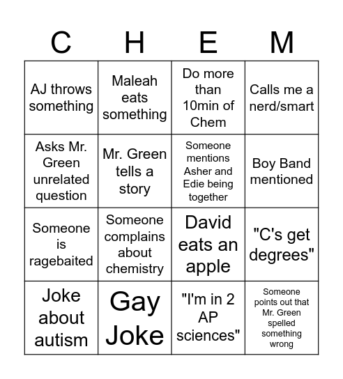 AP Chem Bingo Card
