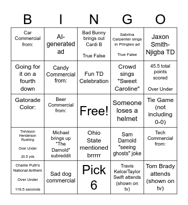 SuperBowl LX Hitchcrafters Bingo Card