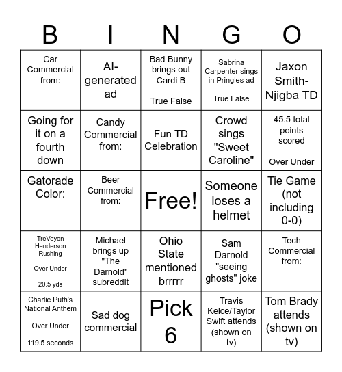 SuperBowl LX Hitchcrafters Bingo Card