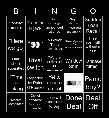 The Lower Tiers Deadline Day Bingo Card
