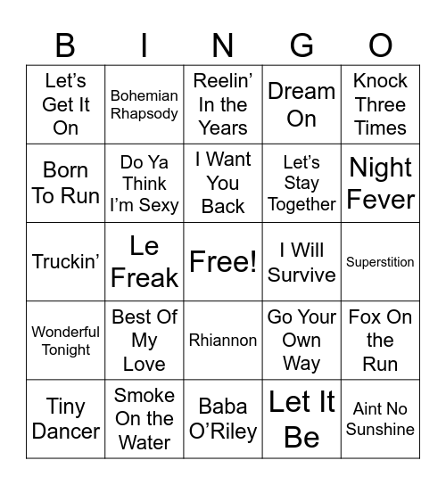 70's Hits Bingo Card