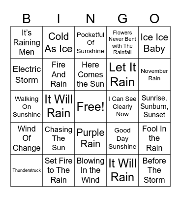 Songs About the Weather Bingo Card