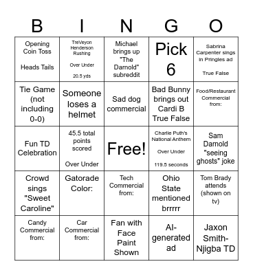Superbowl LX Hitchcrafters Bingo Card