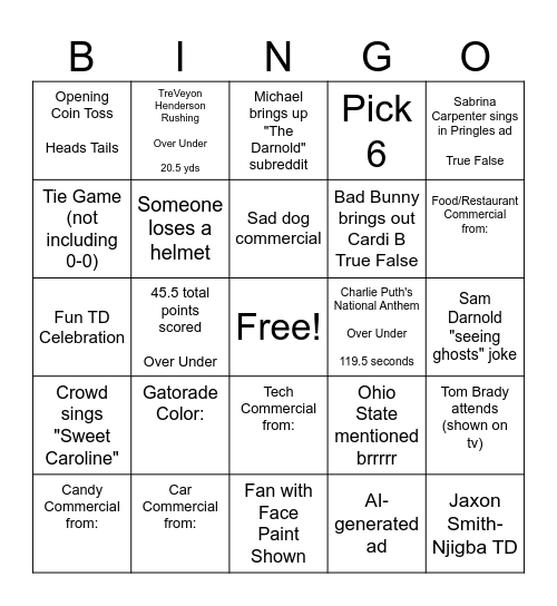 Superbowl LX Hitchcrafters Bingo Card