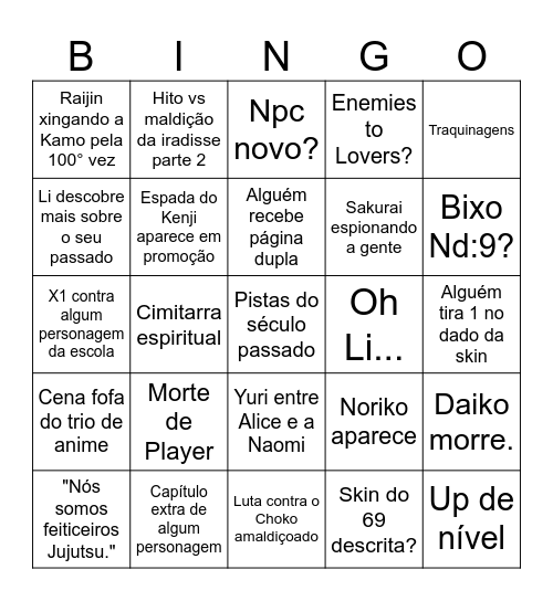 Bingo do Jujutsu Bingo Card