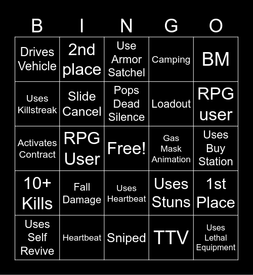 COD Warzone Bingo Card