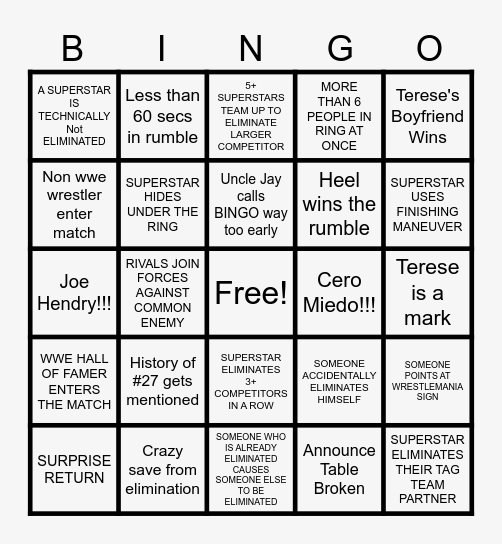 ROYAL RUMBLE 2026 Bingo Card