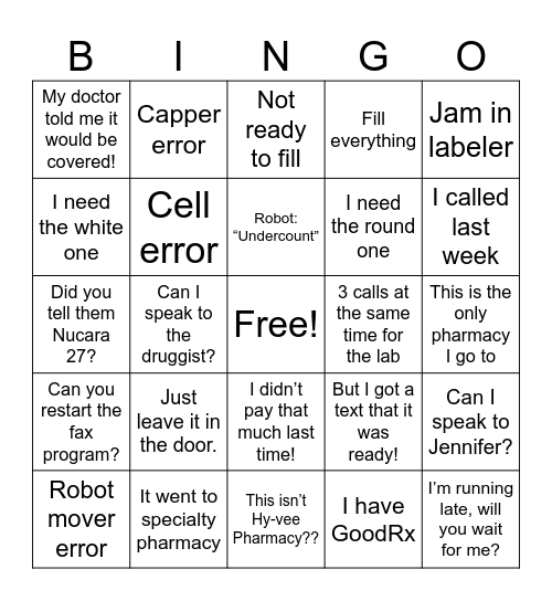 Pharmacy Bingo Card