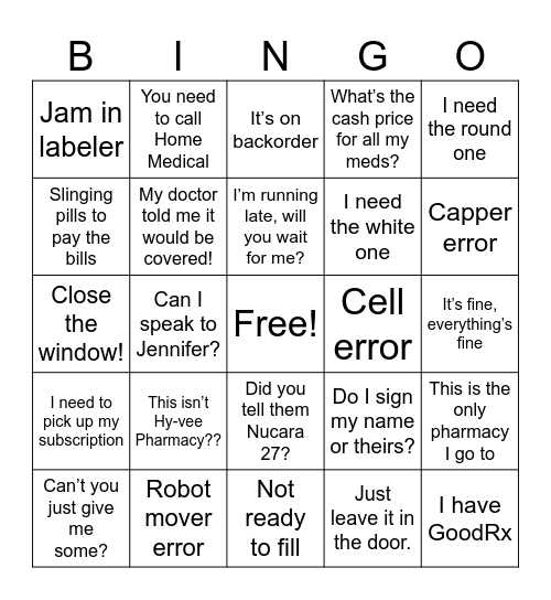 Pharmacy Bingo Card